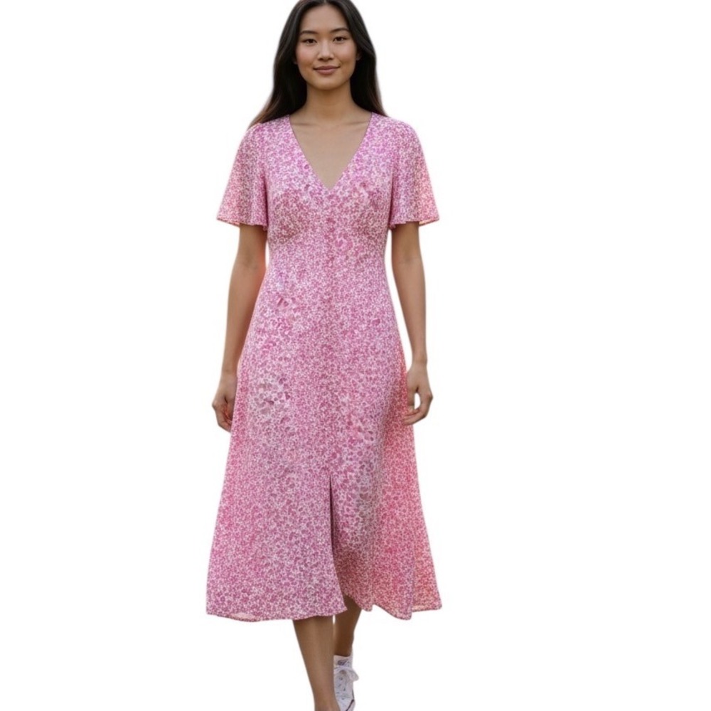 Ditzy Floral Midi Dress Pink White Button Down Front Smocked Back Boho Cottage - Picture 1 of 12